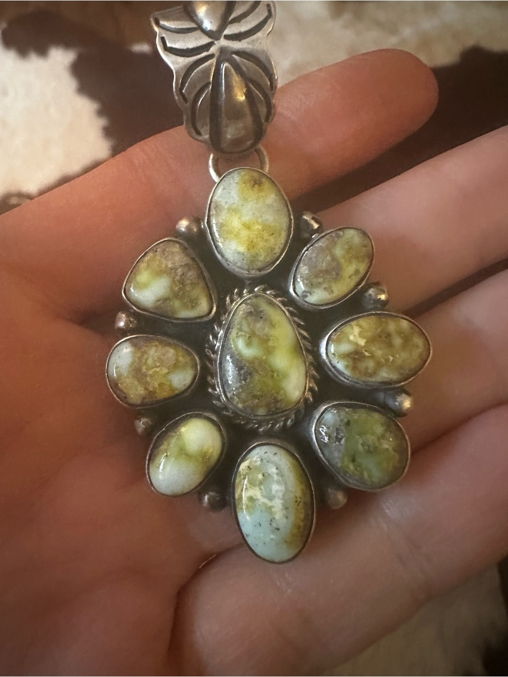 Handmade Palomino Green Variscite Cluster Pendant Necklace - by Chales Johnson